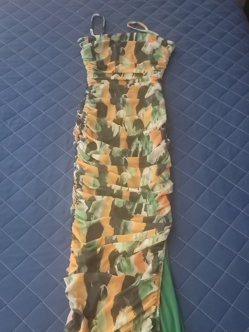 privy Abstract Brushstroke Ruched Maxi Dress in Green, Yellow, Black, Cream